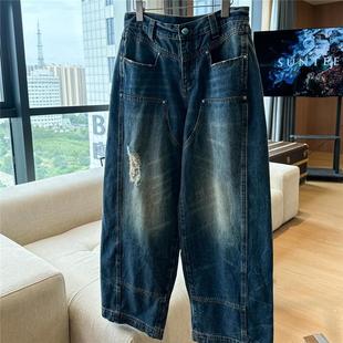 牛仔裤 2024新款 伐木长裤 绿松石铆钉B01水洗破坏工装 秀款