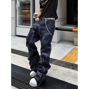 2025美式原牛和平鸽多缝线牛仔裤男小众潮牌宽松微喇直筒休闲裤子