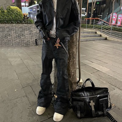 美式手工刷蜡黑胶涂层弹力微喇牛仔裤bootcut休闲拖地长裤子男潮