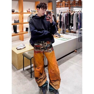 AC风格25ss弯刀3D印花多腰带印花破洞错觉长裤明星同款牛仔裤