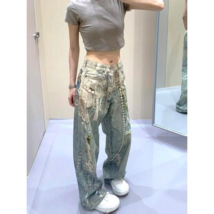2025AC阔腿牛仔裤1981系列3D打印蕾丝珍珠链条直筒宽松女裤子