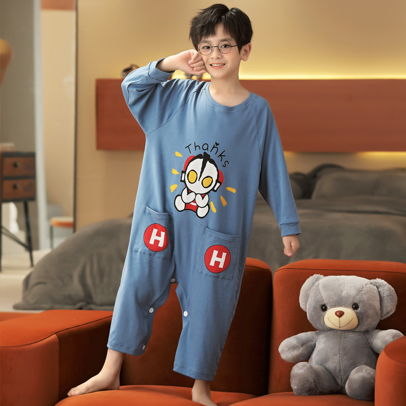儿童连体睡衣男童春秋男孩宝宝连身裤防踢长袖纯棉胖童大童家居服