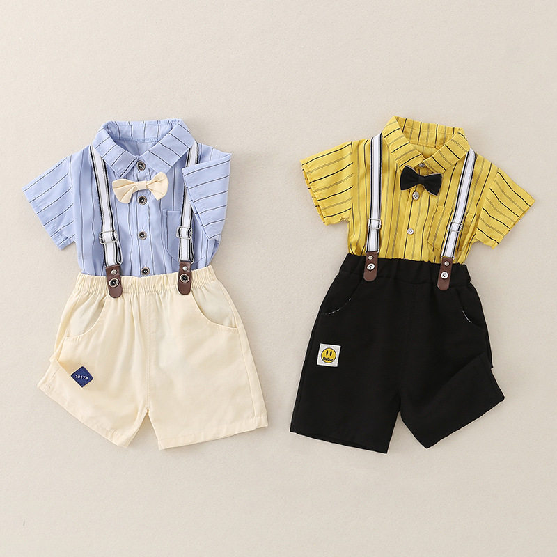 男童礼服套装夏季周岁生日西服英伦风儿童短袖衬衫背带裤两件套