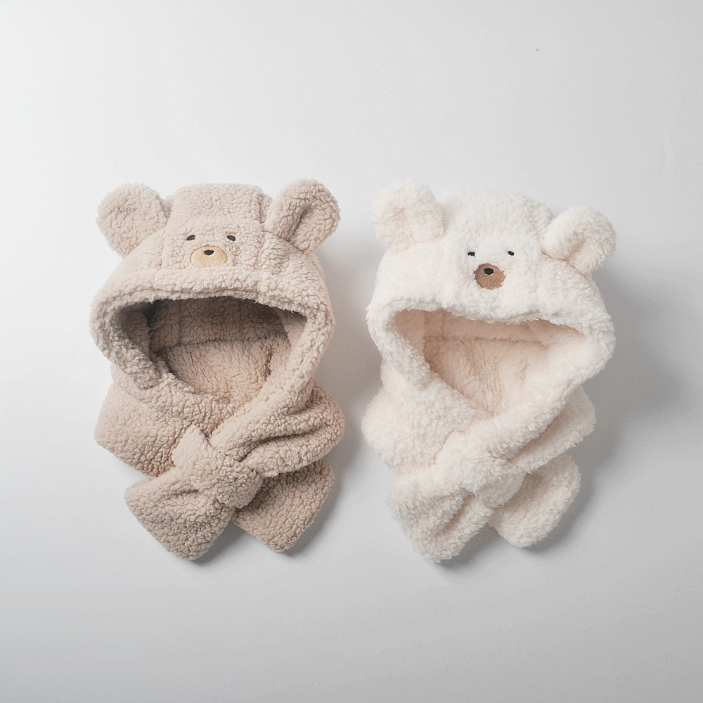 moinmlon韩版冬季儿童加绒护耳帽可爱小熊宝宝加厚绒布围脖一体帽