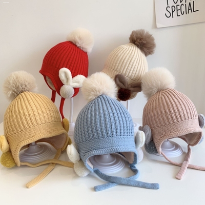 婴儿帽子秋冬季针织毛线帽护耳围巾一体男女宝宝小月龄保暖加绒厚