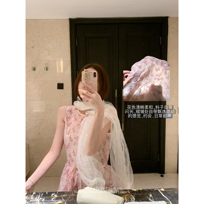 UVPU 粉色碎花无袖长裙女2026秋精美连衣裙碎花长裙夏日温柔裙子