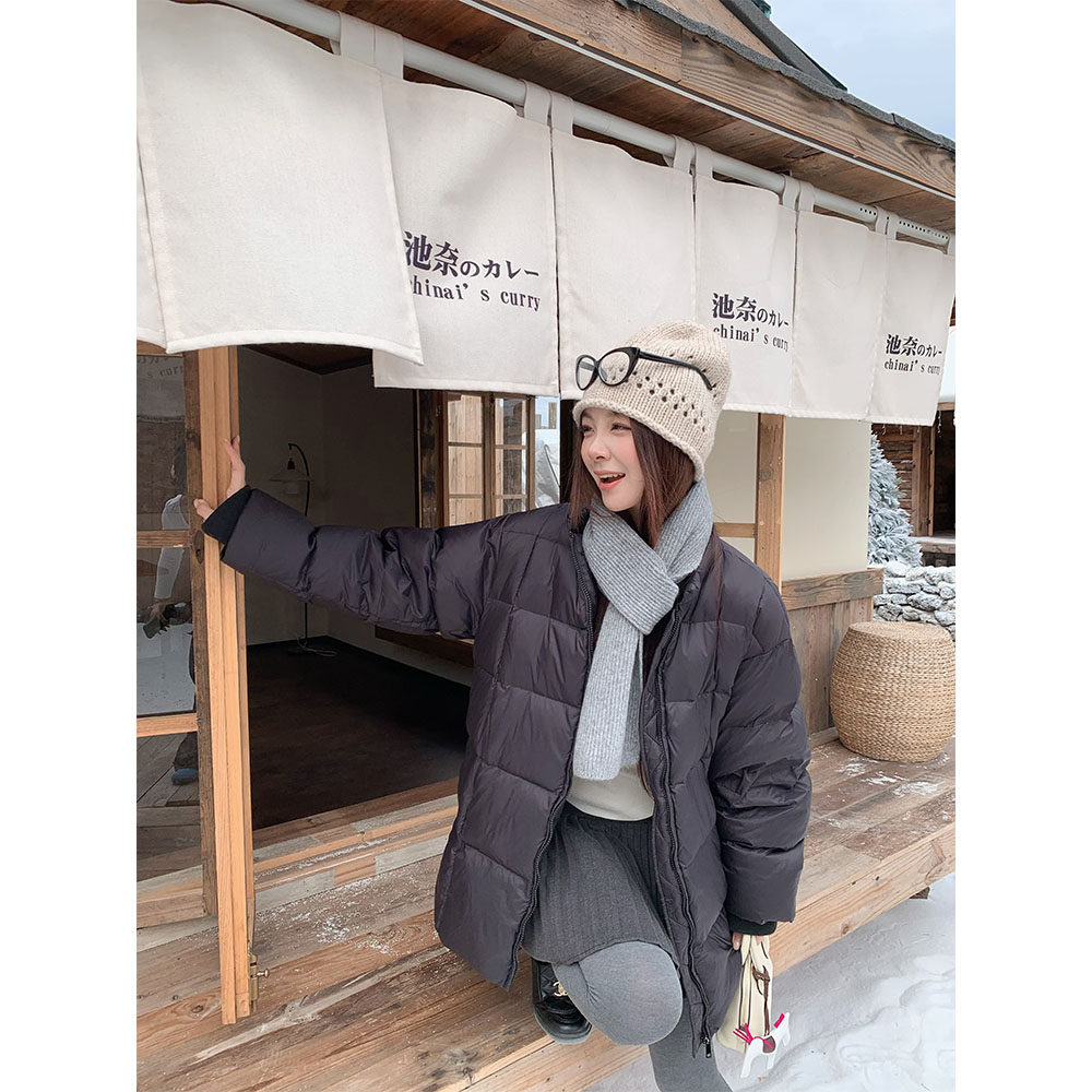UVPU黑色方格羽绒服2026秋冬圆领简约舒适90绒上衣中长款女外套