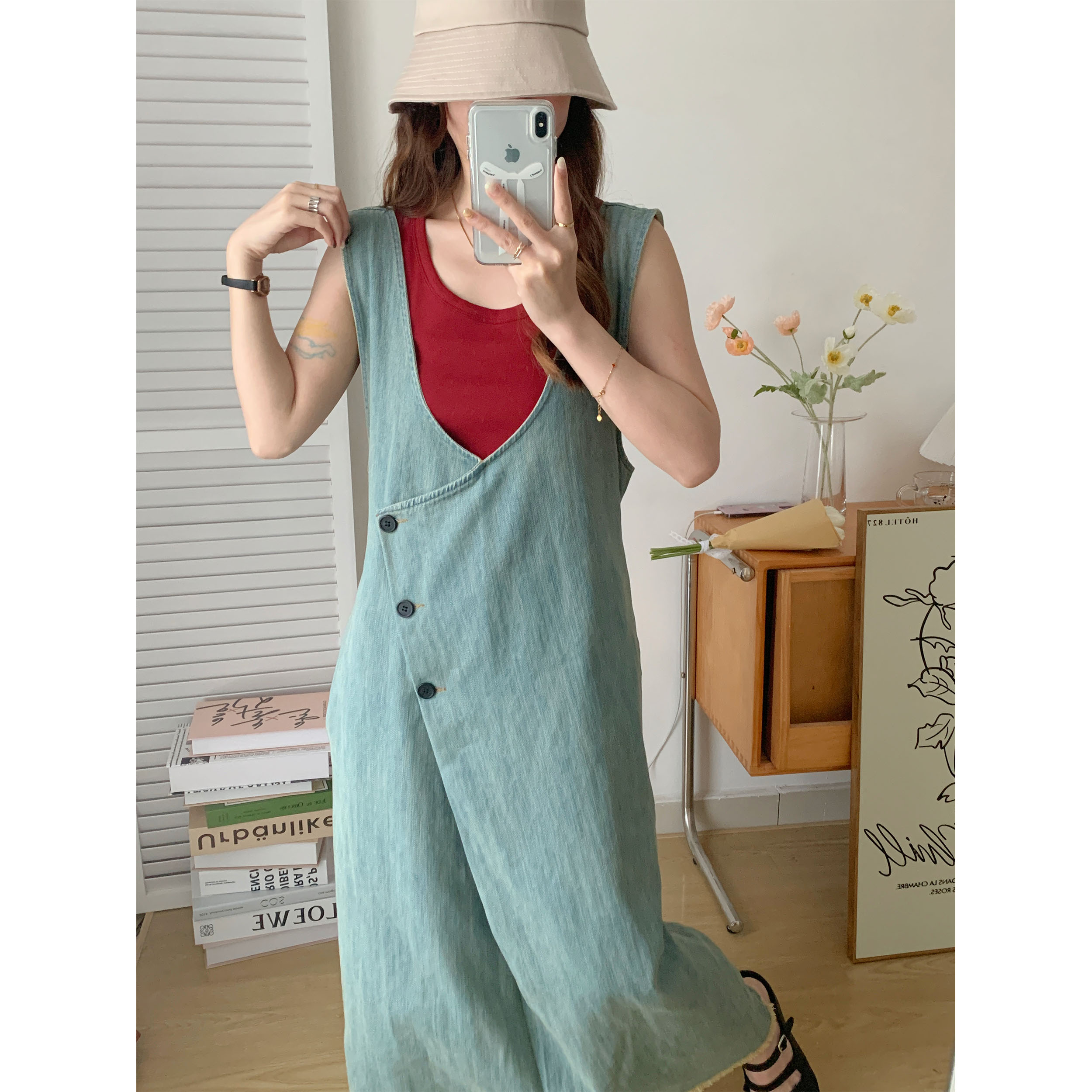 UVPU 三扣牛仔背带裙女2023夏款茶系奶系穿搭微胖显瘦遮肉时尚裙