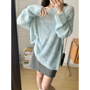 UVPU 蓝色套头针织女2023秋款甜美减龄休闲显瘦baby蓝杂色毛衣