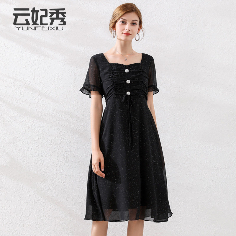 2020夏季新款胖MM显瘦遮肚子大码方领时尚韩版宽松百搭洋气连衣裙