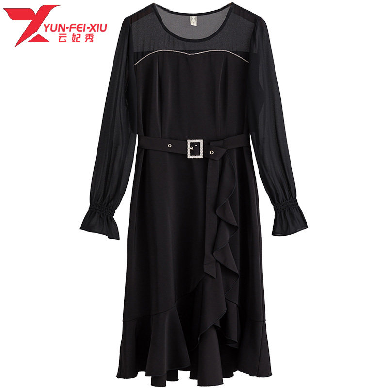 韩版时尚大码不规则下摆收腰胖MM显瘦遮肉宽松百搭秋季新款连衣裙