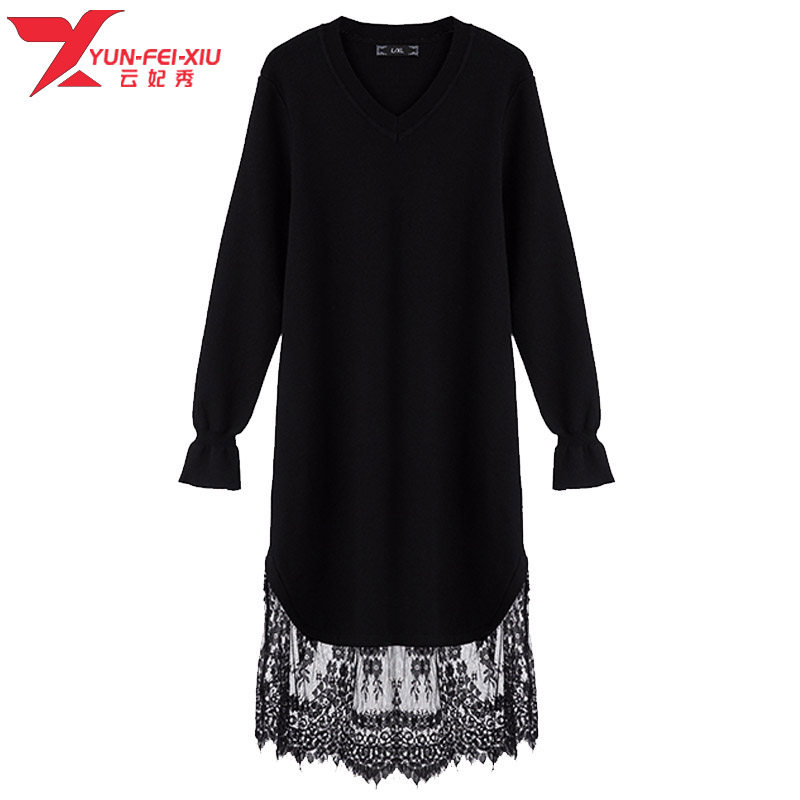 新款大码女装时尚2020秋季V领胖MM遮肚长袖韩版宽松连衣裙