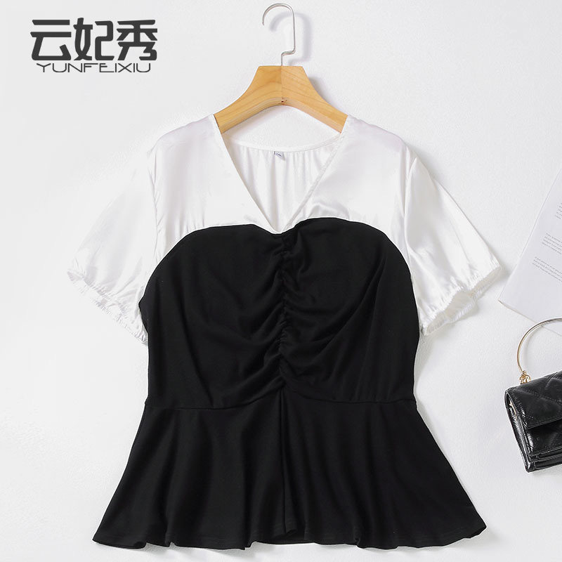 胖妹妹显瘦拼接撞色V领大码遮肉宽松时尚百搭2020夏季新款上衣潮