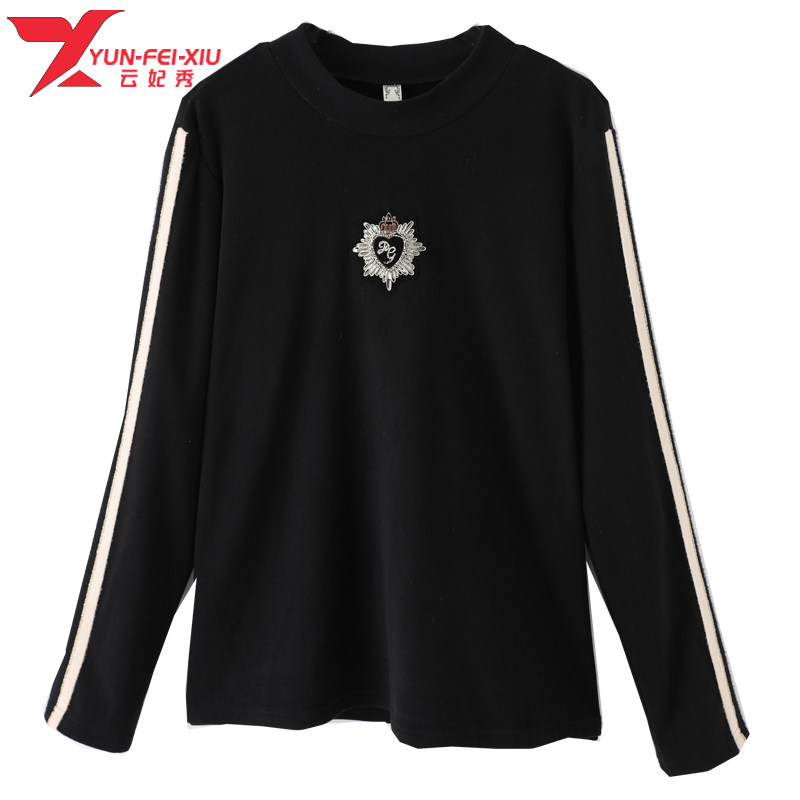 2020冬季时尚韩版新款大码胖MM女装宽松圆领撞色边百搭显瘦上衣潮