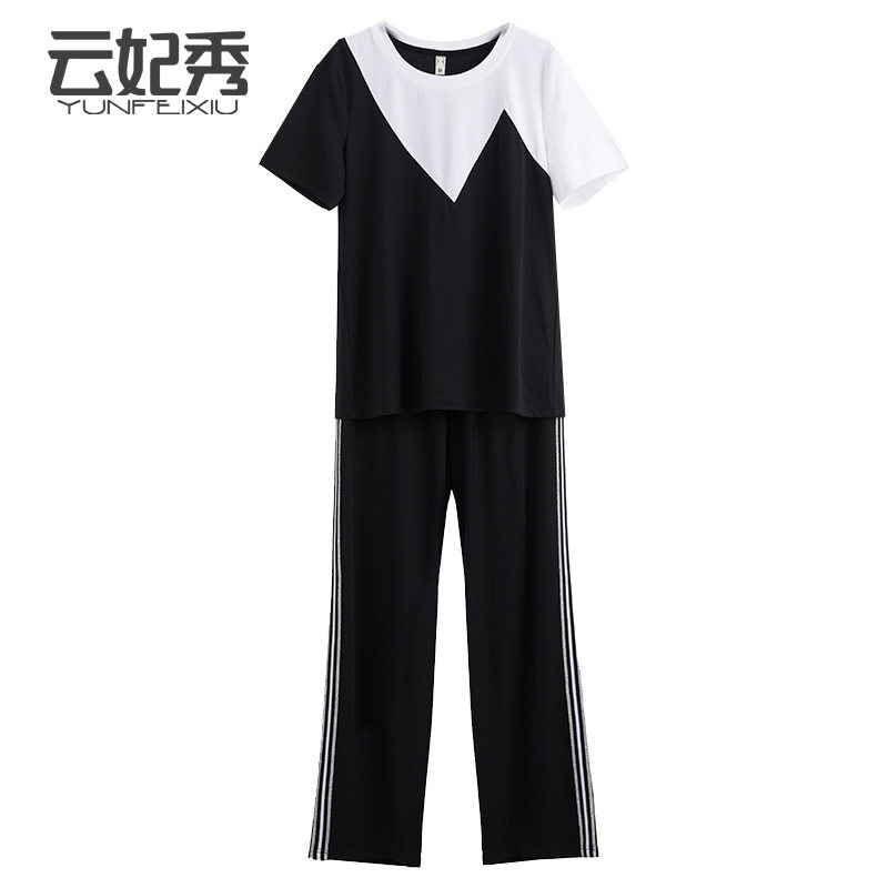 2020时尚韩版夏季宽松大码百搭新款胖妹妹显瘦遮肉撞色上衣+裤子