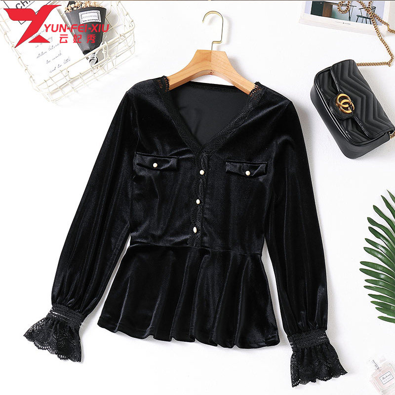 韩版时尚大码修身胖MM金丝绒长袖花边遮肉气质上衣2020秋季新款潮