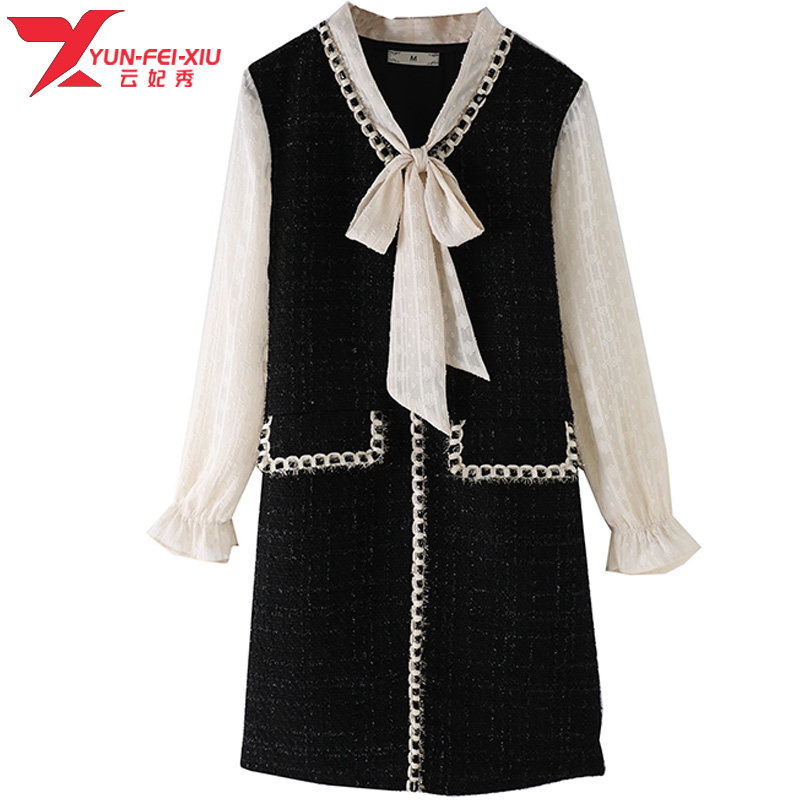 韩版时尚大码宽松2020秋季百搭V领撞色绑带胖MM显瘦新款连衣裙