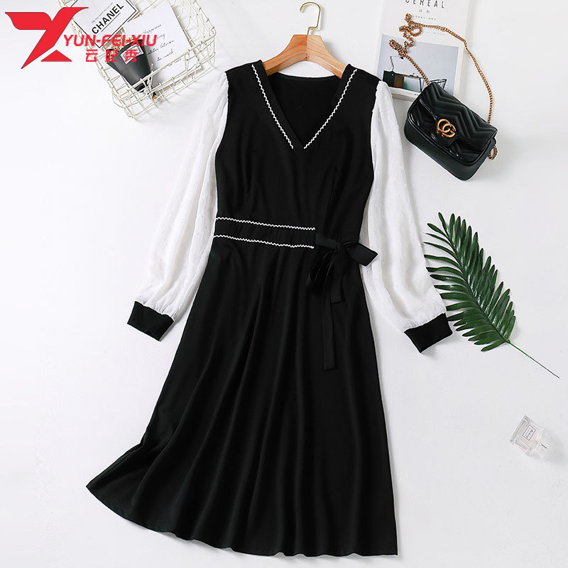 2020秋季新款时尚韩版大码女装胖MM显瘦遮肉宽松减龄V领连衣裙潮