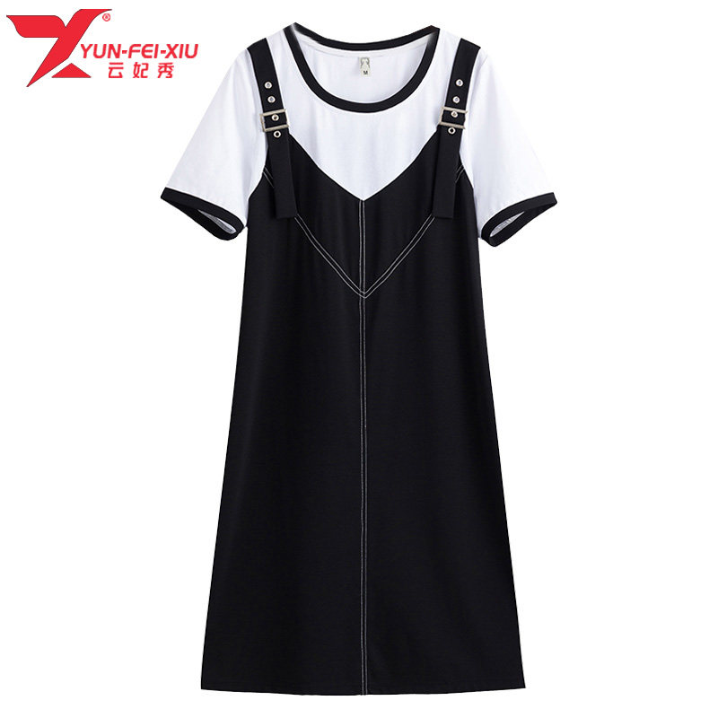 胖MM显瘦大码宽松时尚百搭圆领拼接遮肉2020夏季新款假两件连衣裙