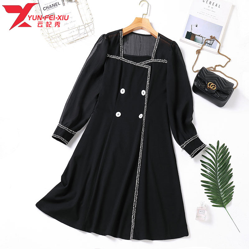2020秋季时尚方领拼接长袖裙气质女装大码胖MM显瘦遮肉韩版潮新款