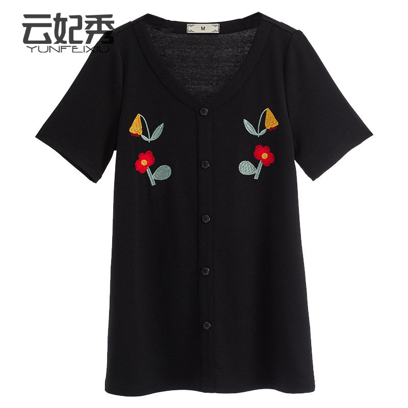 韩版宽松舒适百搭大码V领胖妹妹显瘦遮肉上衣2020夏季新款