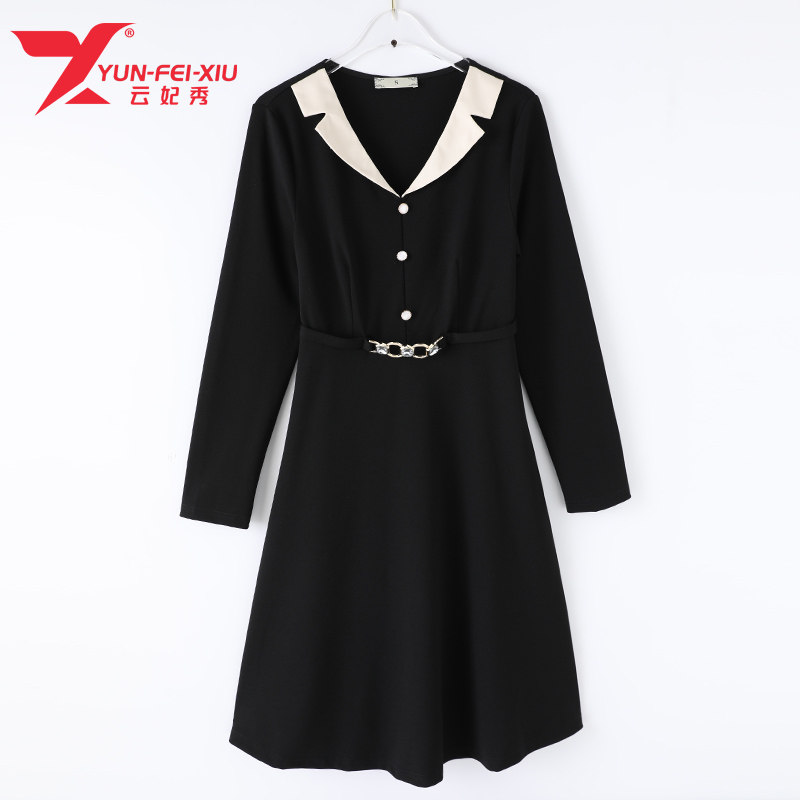 大码女装韩版宽松时尚V领撞色微胖妹妹显瘦遮肉秋季新款连衣裙潮