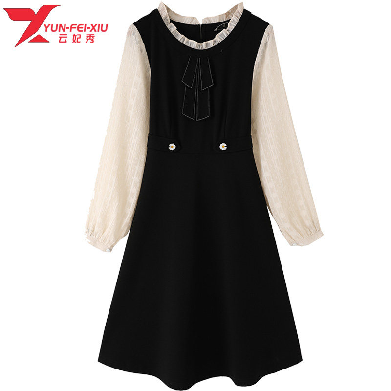 时尚大码女装圆领韩版宽松百搭小菊花2020秋季胖MM显瘦遮肉连衣裙