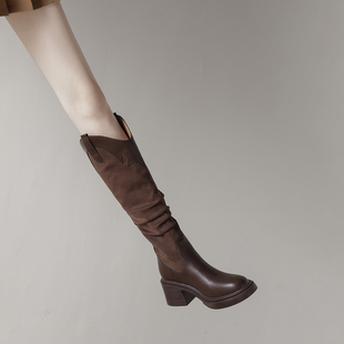 美拉德长筒靴子女2025秋冬新款爆款巨好看高筒骑士靴高级感牛仔靴