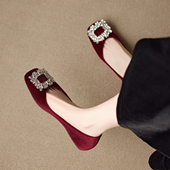 方头浅口平底鞋 巨好看水钻红色绝美小单鞋 法式 春季 一脚蹬2026新款