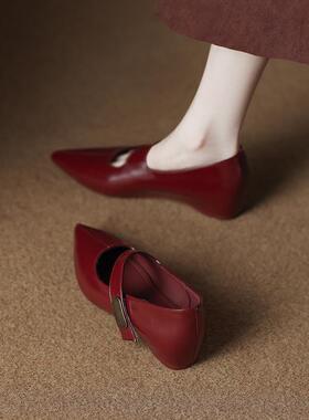 2026春新款内增高玛丽珍尖头浅口单鞋女配裙子晚晚鞋百搭红色婚鞋