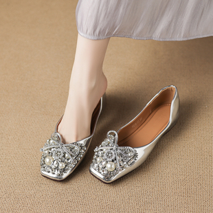 法式复古银色平底鞋2026新款春浅口单鞋女不累脚一脚蹬女鞋配裙子