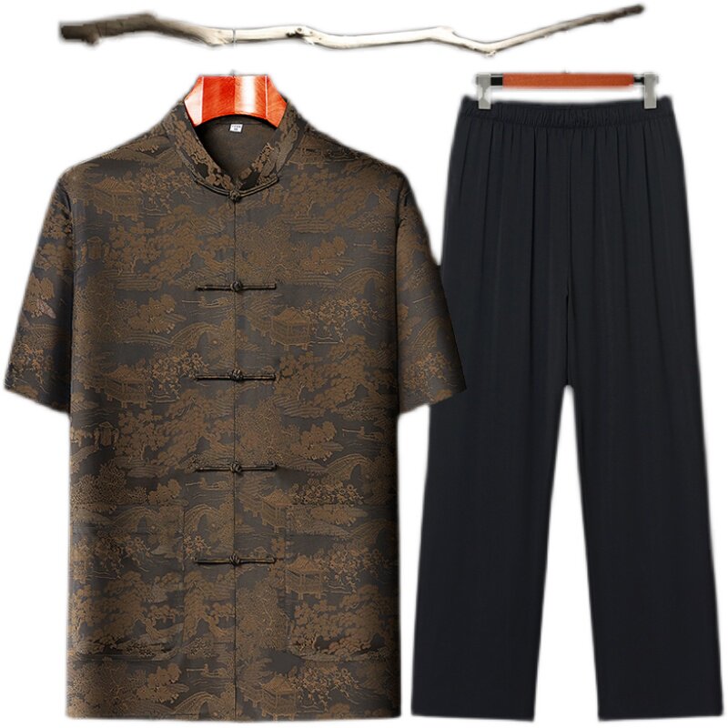 CHINESE STYLE TANG SUIT LOOSE THIN DAD SUMMER DRESS SHORT SLEEVE ICE SILK CASUAL MIDDLE-AGED SUMMER MENS HIGH-END SUIT MEN