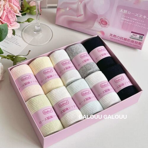 Galouu品牌10A玫瑰花香精油养肤除臭袜10双装礼盒中筒袜四季袜女-