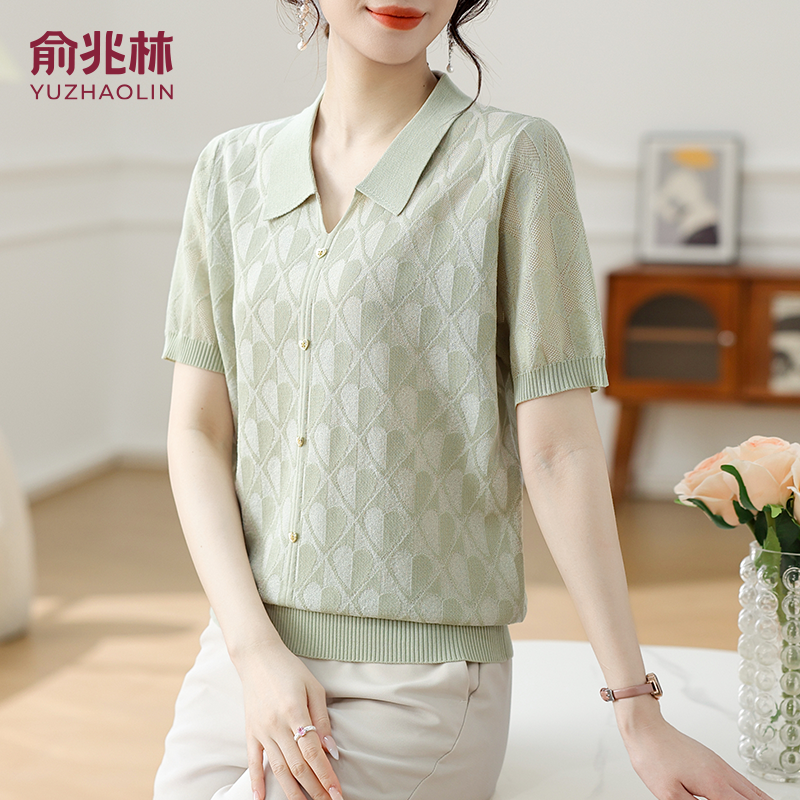 俞兆林妈妈夏装针织小衫遮肚2025新款中老年短袖上衣洋气翻领T恤