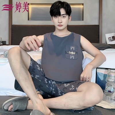 婷美睡衣男士纯棉夏季薄款无袖背心短裤男款家居服夏天全棉套装