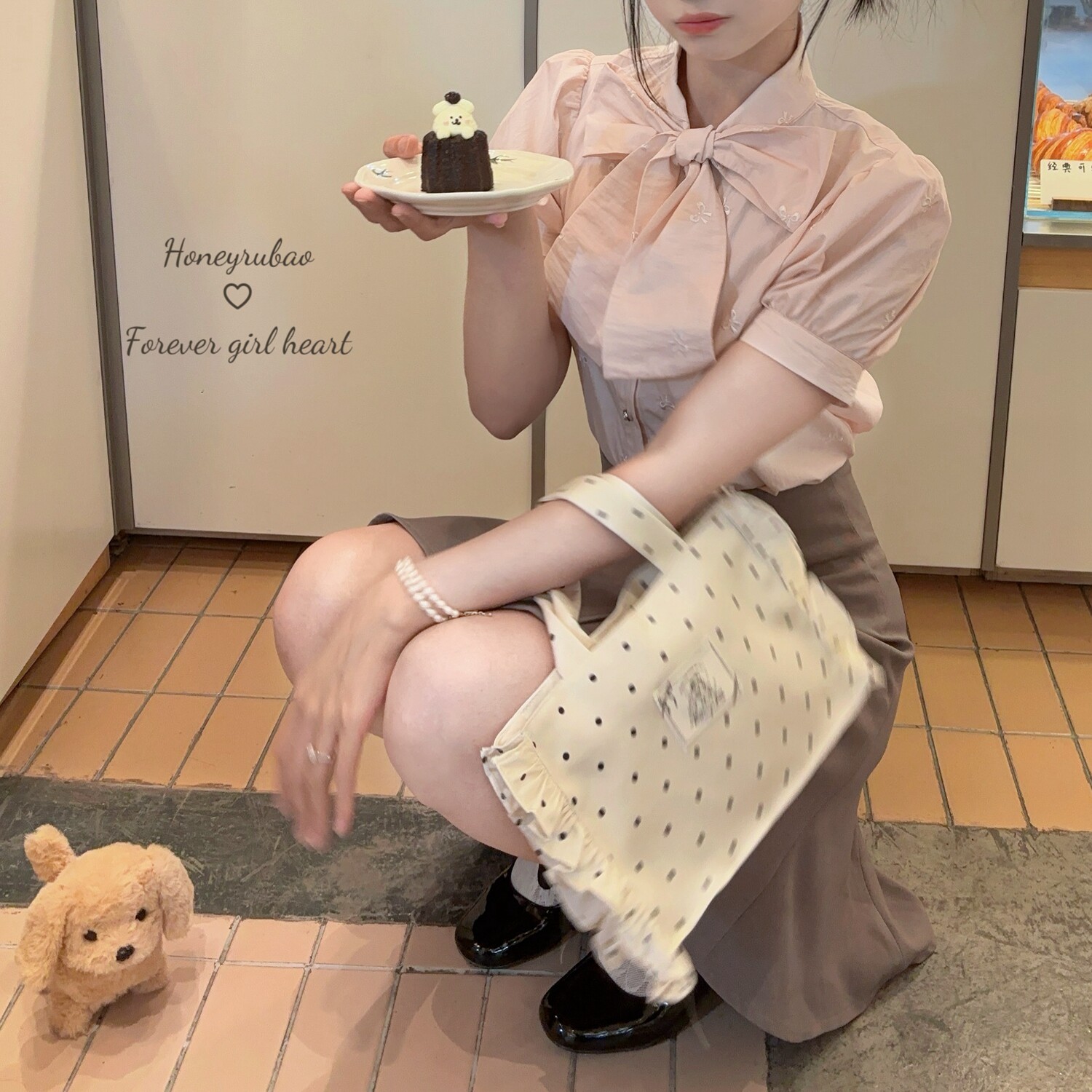 honeyrubao双子星蝴蝶结系带刺绣日系少女泡泡袖衬衫