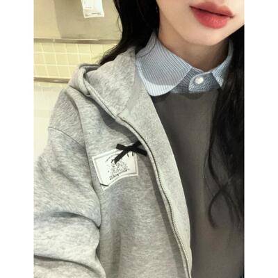 honeyrubao超百搭灰色少女标蝴蝶结连帽卫衣外套