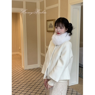 honeyrubao雪季の恋人 狐狸毛领a字版斗篷喇叭袖大衣