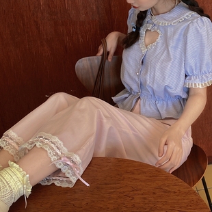 honeyrubao《桃心裤》蕾丝拼接织带爱心口袋高腰甜美百搭休闲裤