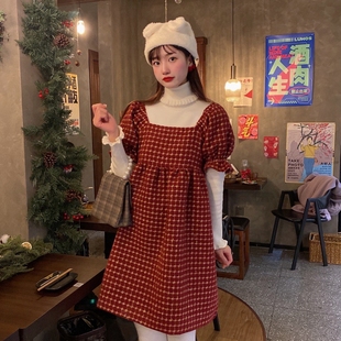 honeyrubao圣诞新年泡泡袖红色金丝线可爱俏皮冬连衣裙