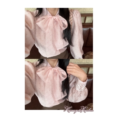 honeyrubao甜心莉莉丝蝴蝶结绑带泡泡袖爱心波点雪纺衫