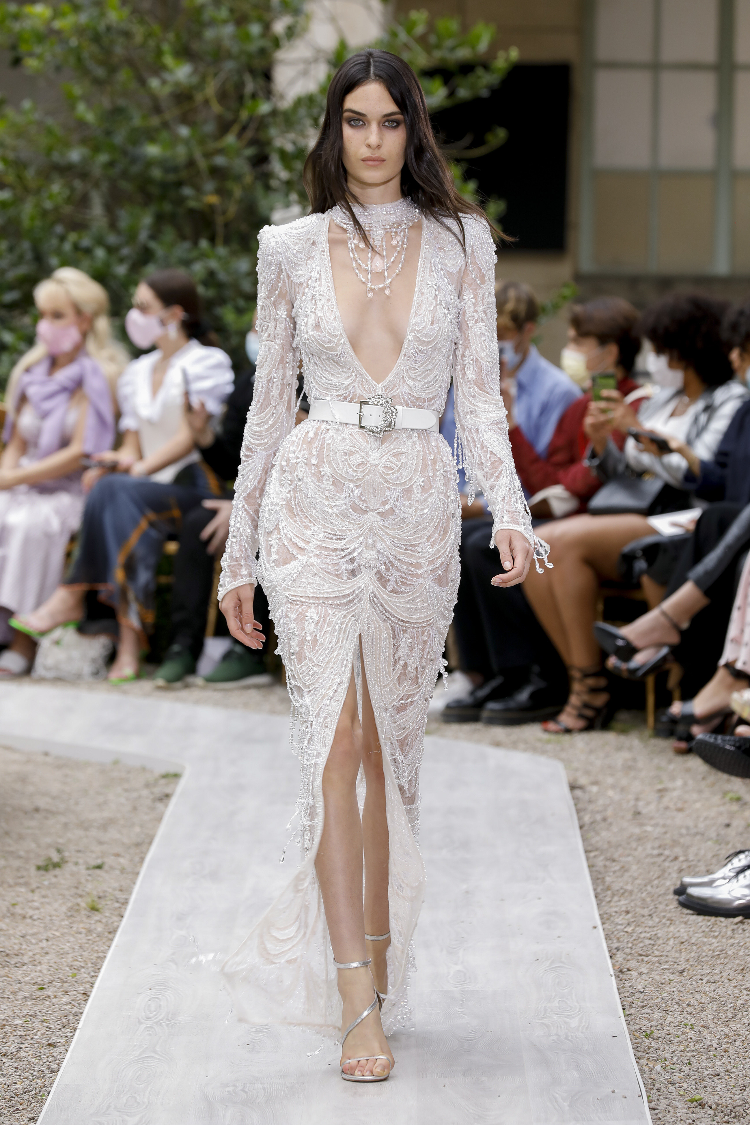Zuhair Murad 2025年白色V领开叉长袖年会红毯生日宴会日常晚礼服