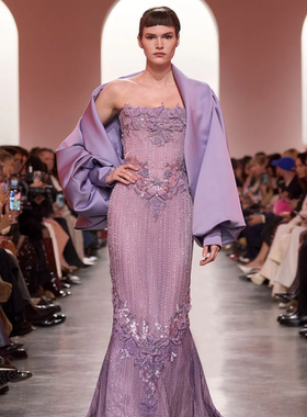 Elie Saab 紫色鱼尾抹胸披肩两件套红毯年会婚礼晚礼服敬酒迎宾服