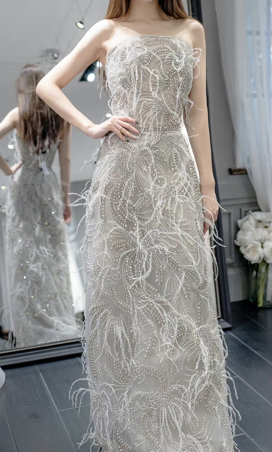 marchesa 银灰色抹胸羽毛修身晚礼服演出主持宴会晚会红毯年会