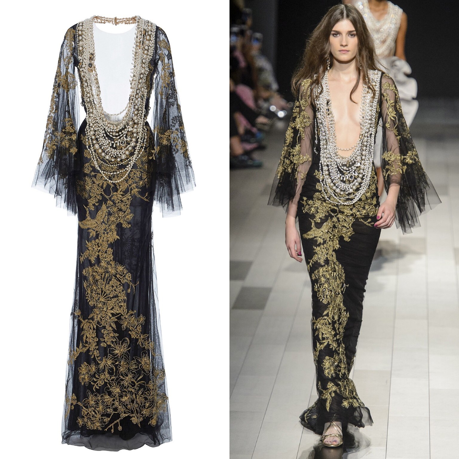 marchesa 黑金色复古修身性感珍珠聚会晚会宴会晚礼服年会走秀