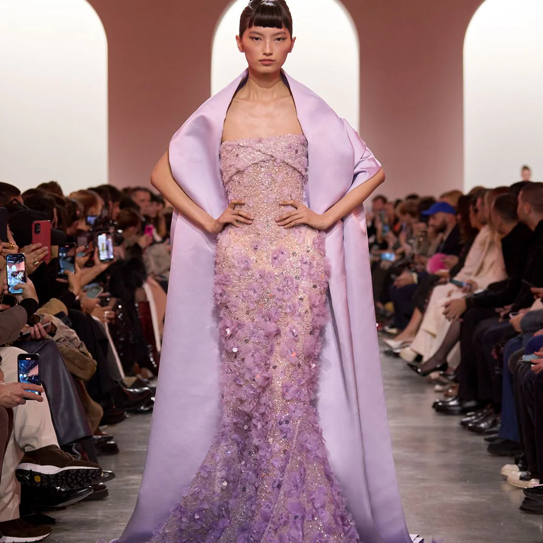 Elie Saab 紫色渐变钉珠手工小花朵修身鱼尾红毯婚礼生日晚礼服