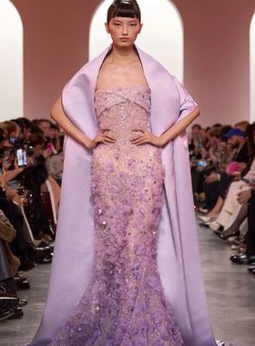 Elie Saab 紫色渐变钉珠手工小花朵修身鱼尾红毯婚礼生日晚礼服