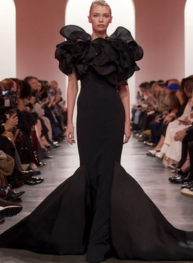 Elie Saab 黑色鱼尾简约大气花朵钉珠红毯走秀修身显瘦晚礼服定制