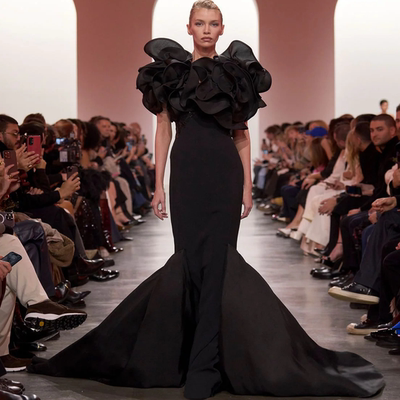 Elie Saab 黑色鱼尾简约大气花朵钉珠红毯走秀修身显瘦晚礼服定制