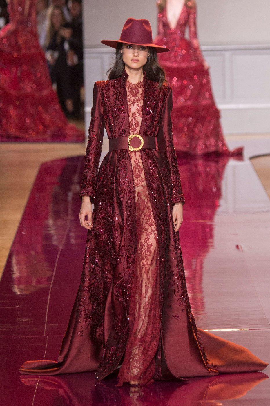 Zuhair Murad 酒红色长款年会主持人缎面修身敬酒服妈妈晚礼服